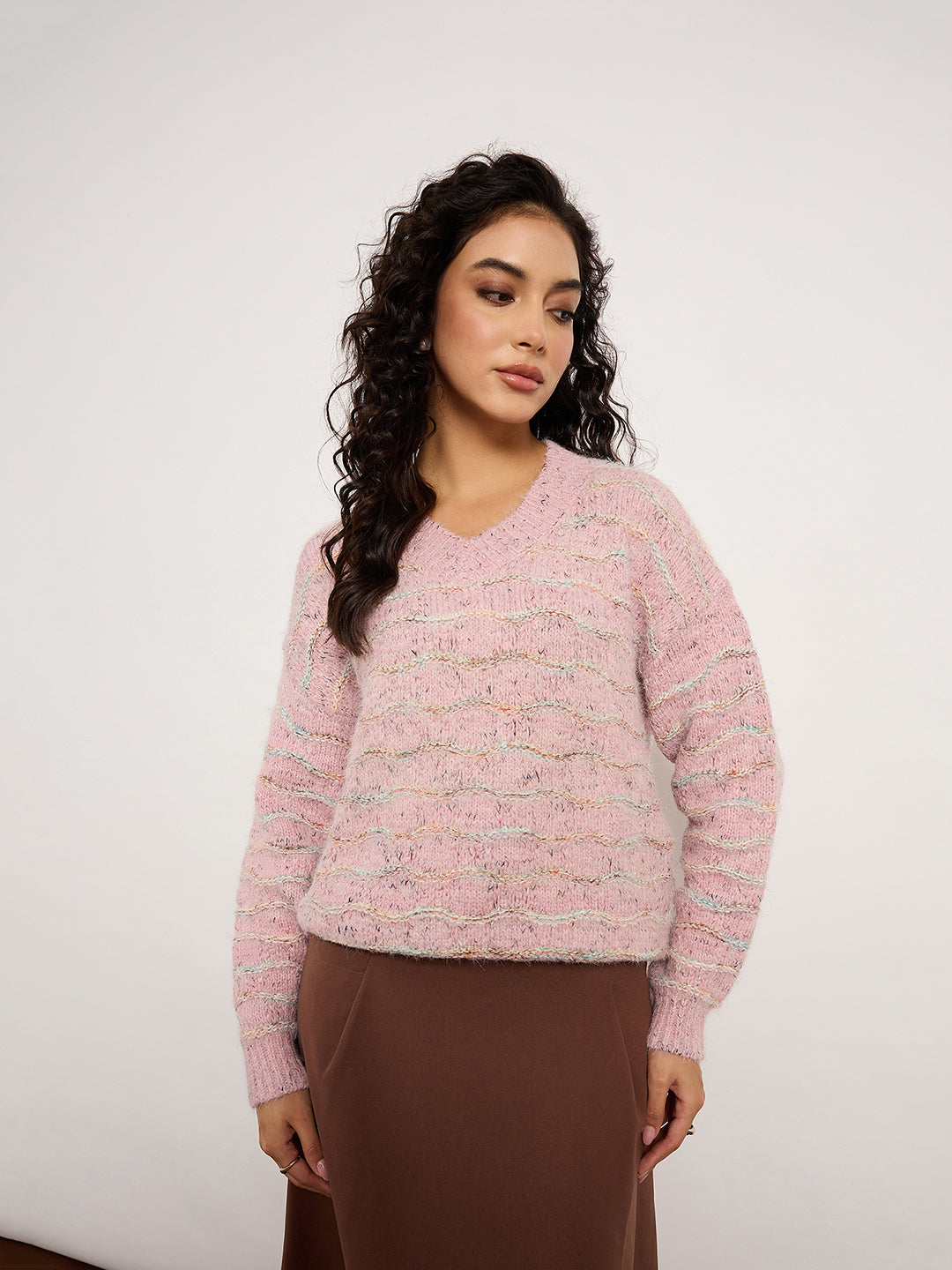 Pink Contrast Pattern Sweater