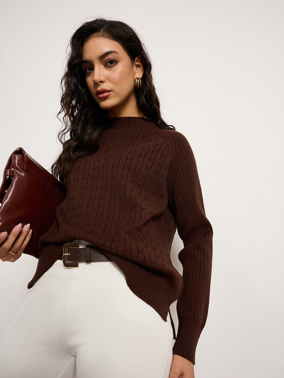 Coffee Jacquard Sweater With Turtle Neck