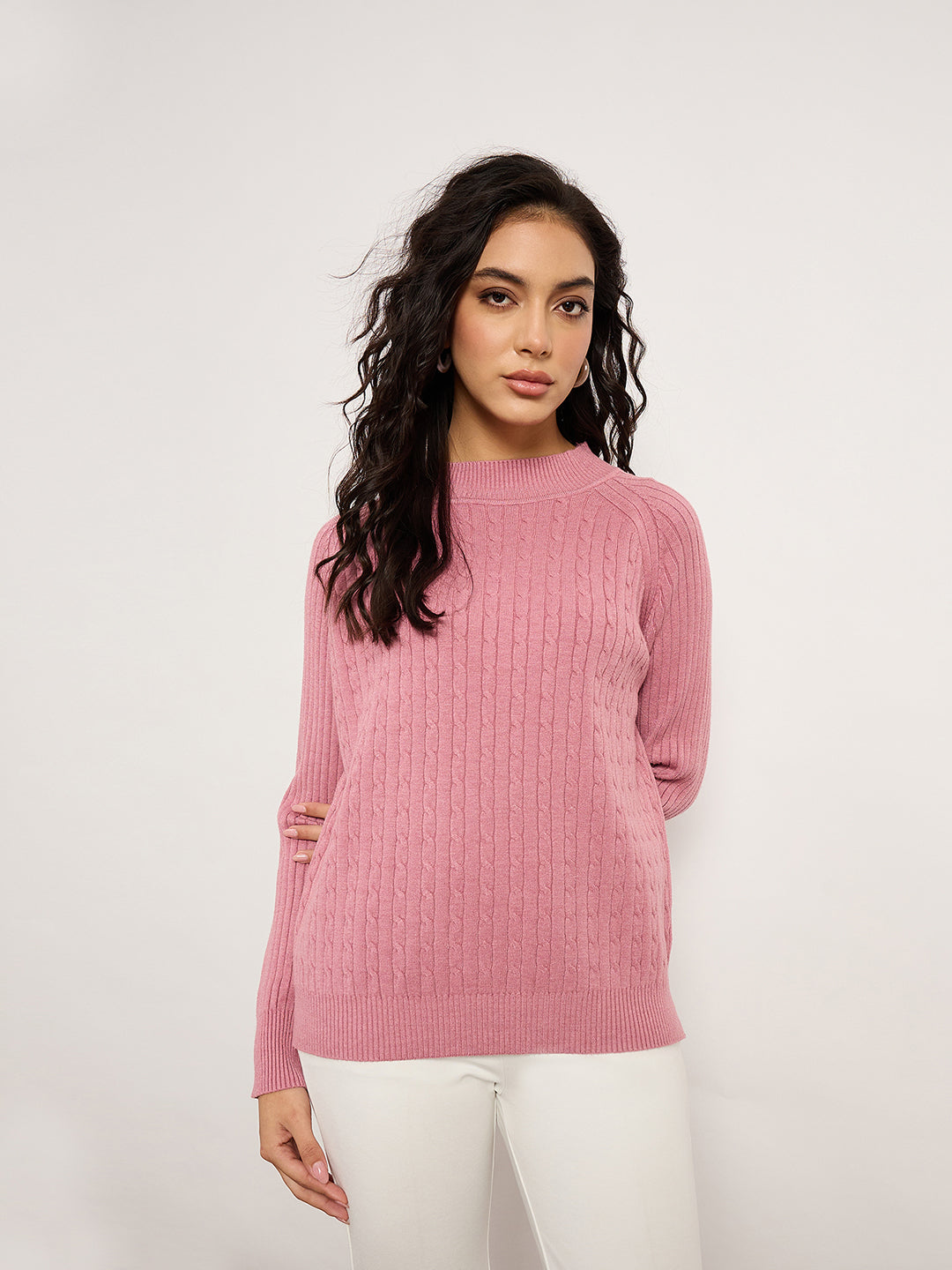 Pink Jacquard Sweater With Turtle Neck