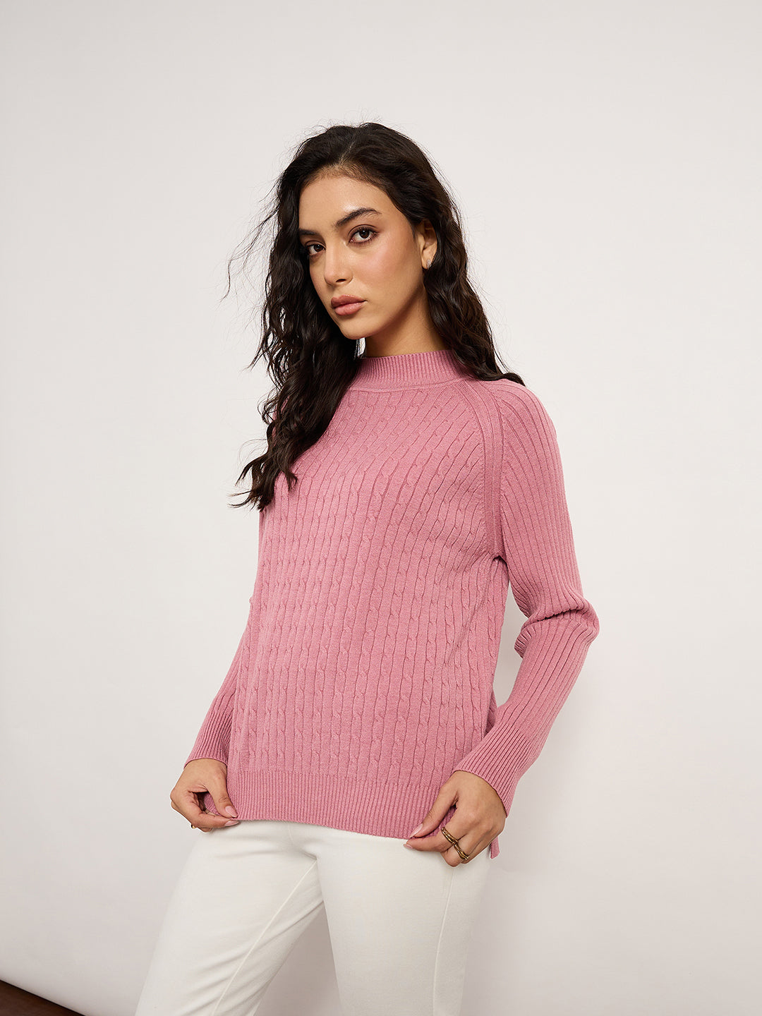 Pink Jacquard Sweater With Turtle Neck