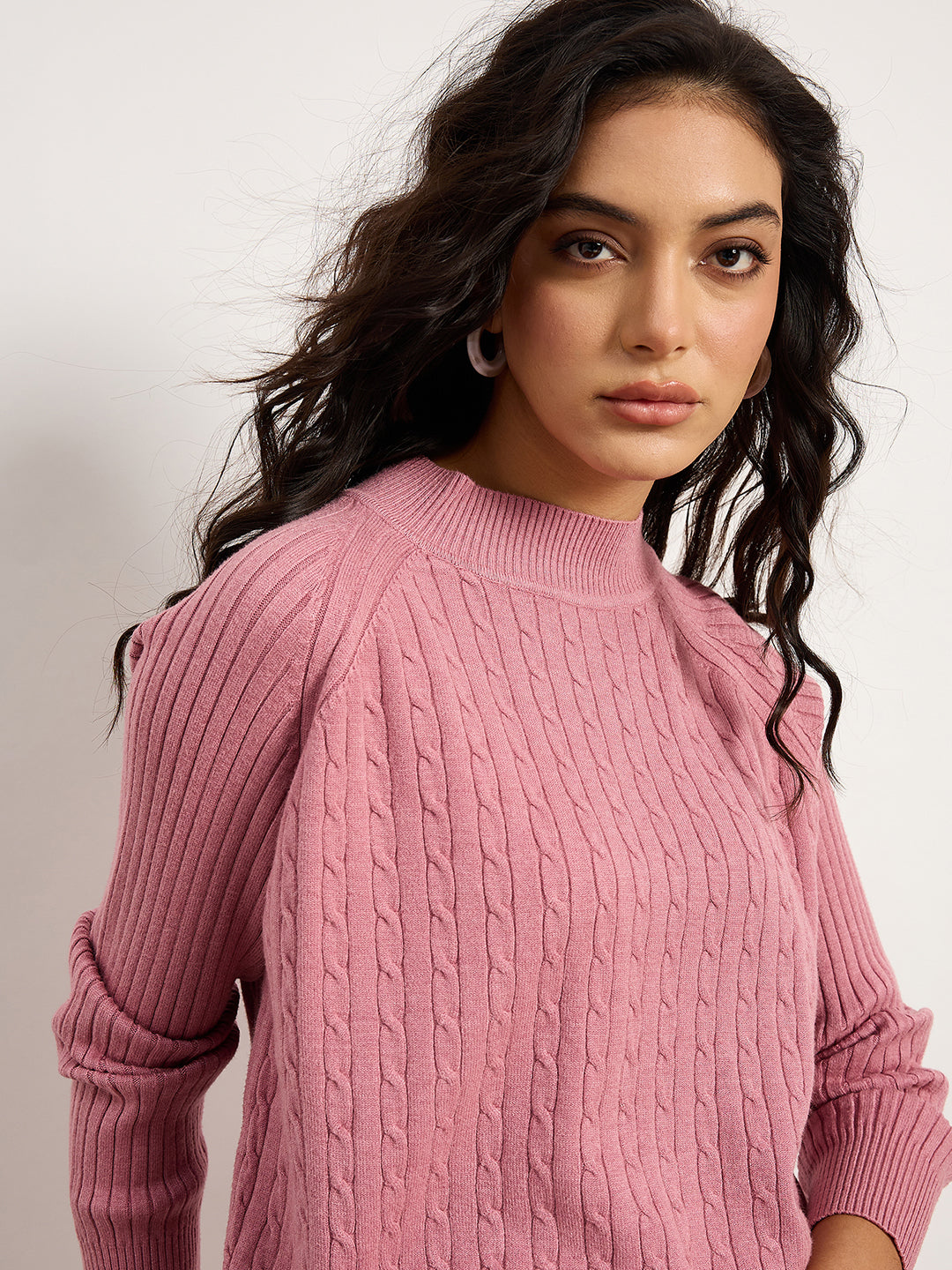 Pink Jacquard Sweater With Turtle Neck