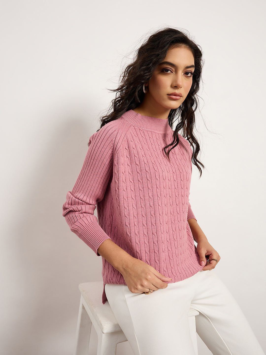 Pink Jacquard Sweater With Turtle Neck