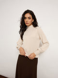 Cream Turtle-Neck Sweater With Pearl-Embellished Shoulders