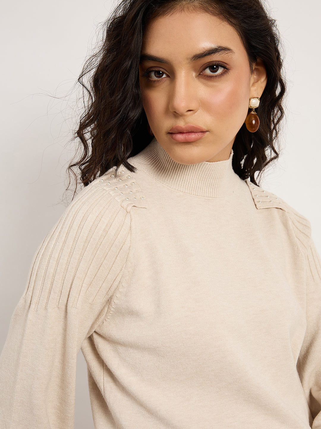 Cream Turtle-Neck Sweater With Pearl-Embellished Shoulders