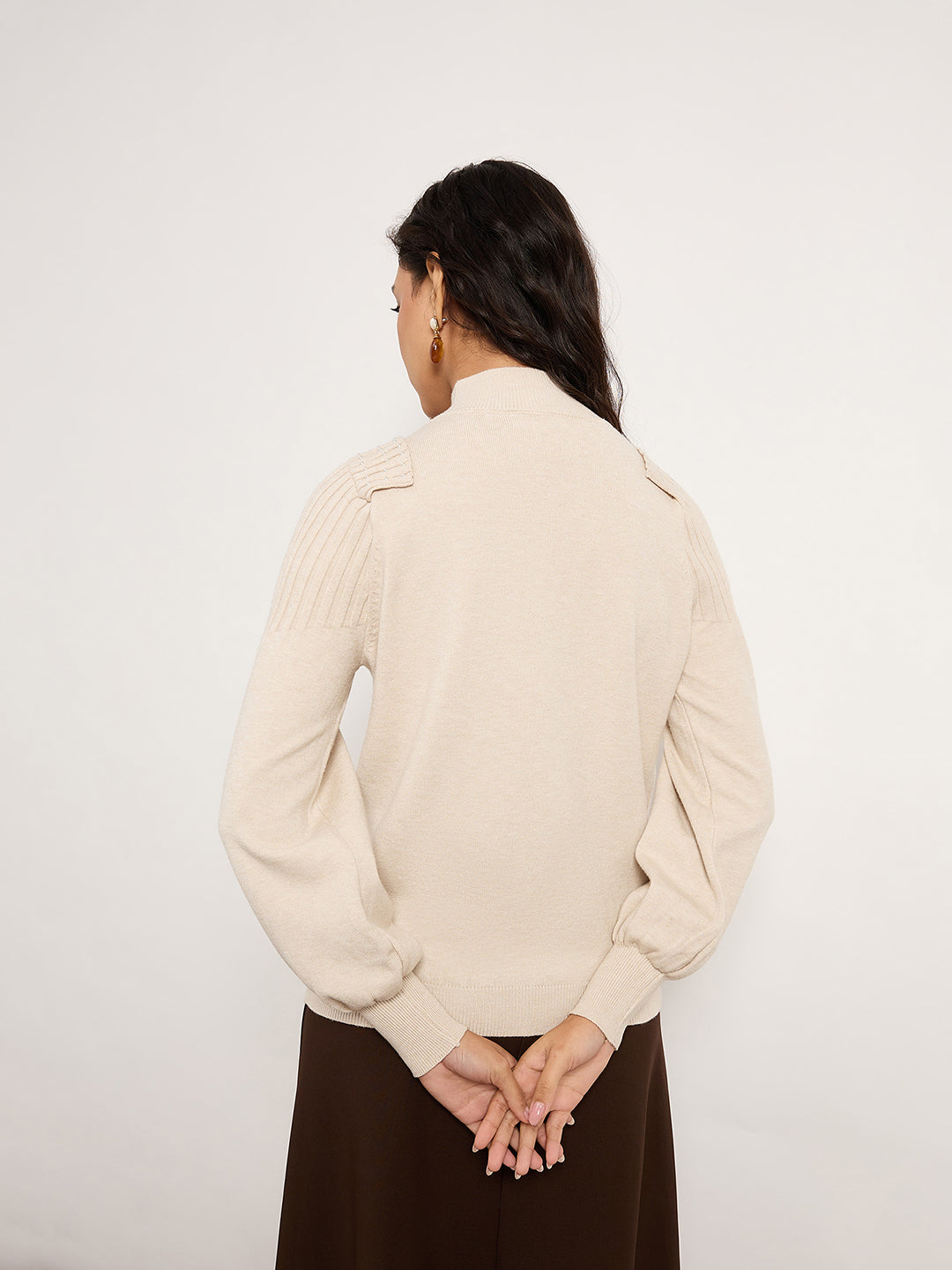 Cream Turtle-Neck Sweater With Pearl-Embellished Shoulders
