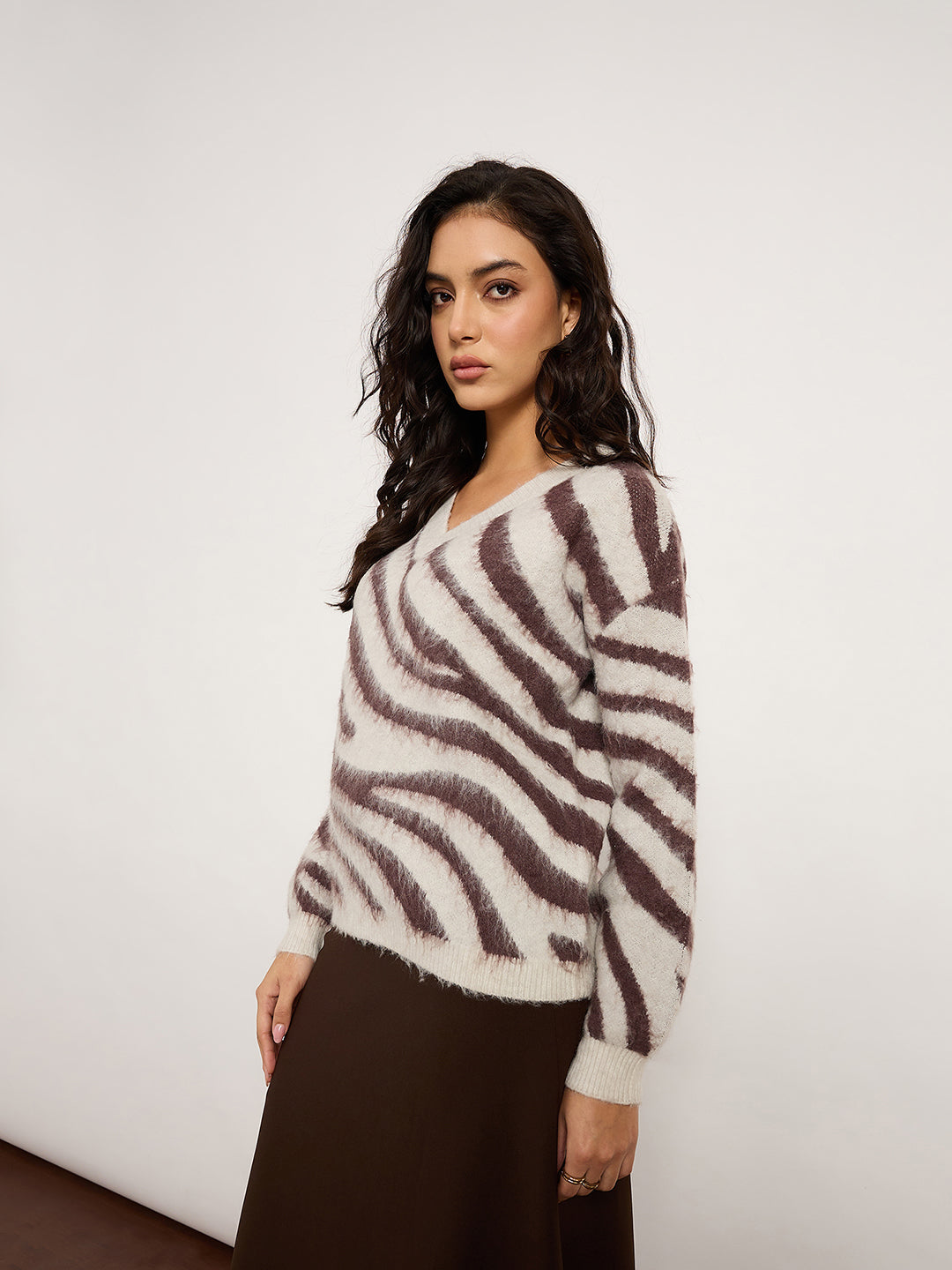 Zebra Print V-Neck Sweater