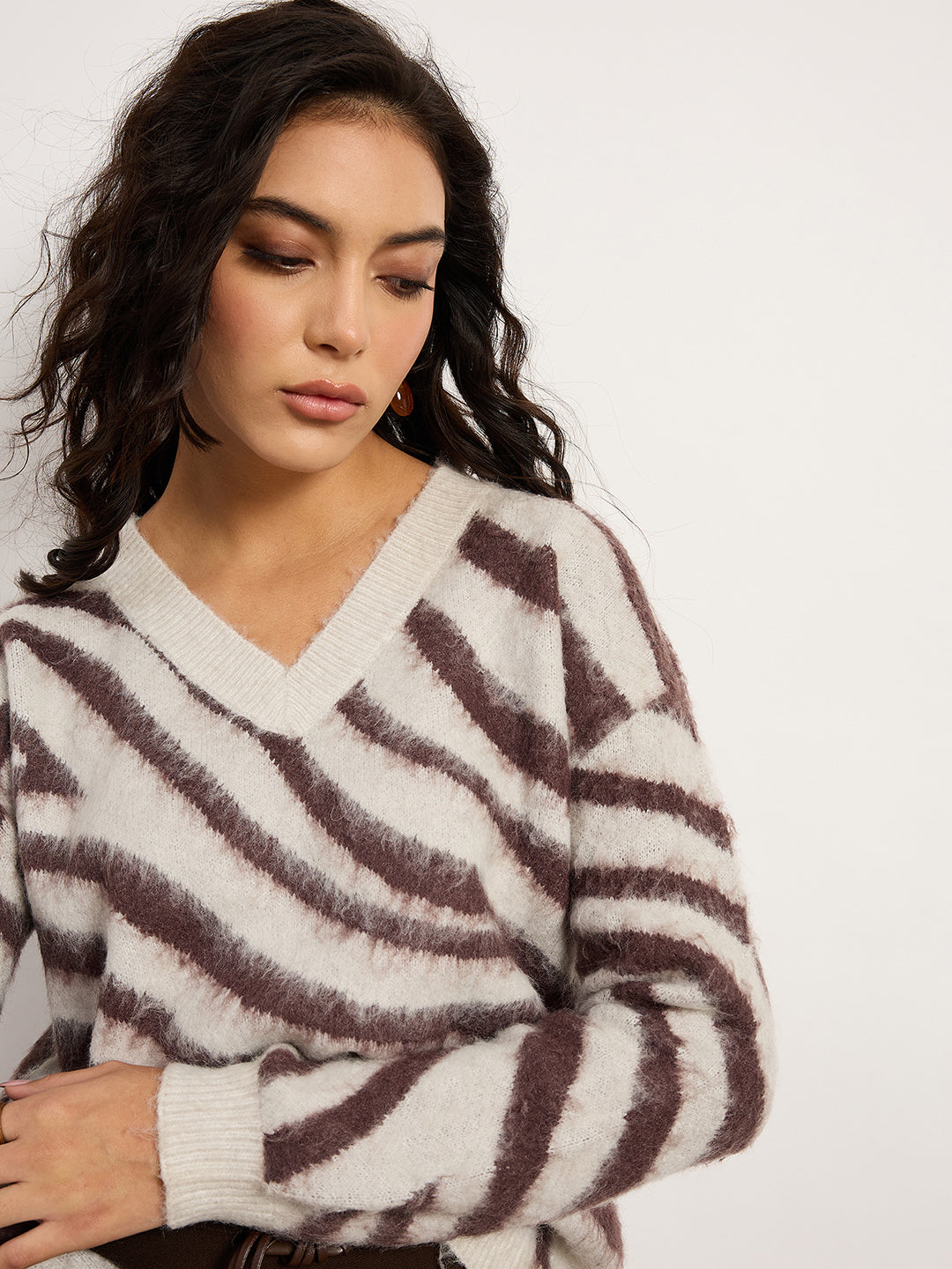 Zebra Print V-Neck Sweater