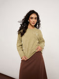 Olive Sweater With 3D Embroidery & Pearl Embellished Collar