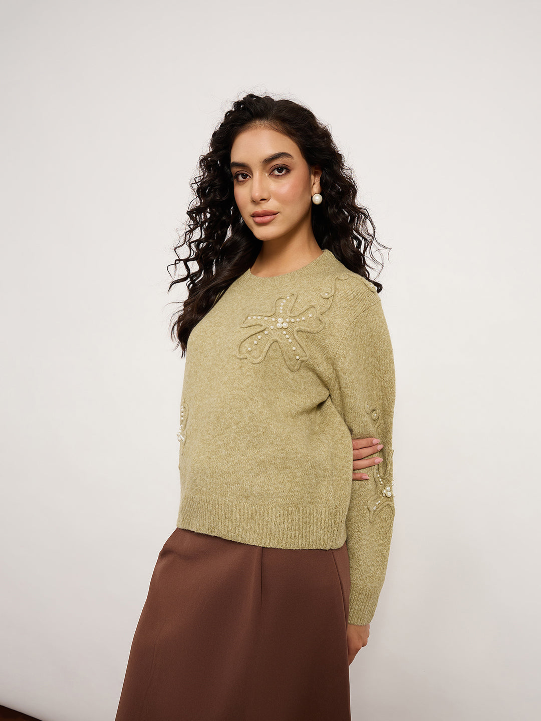 Olive Sweater With 3D Embroidery & Pearl Embellished Collar