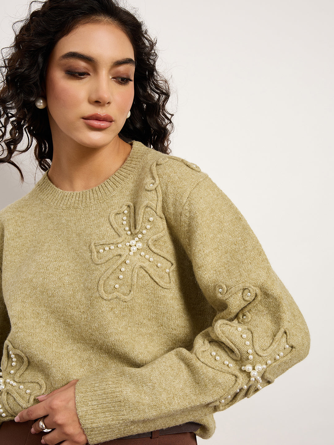Olive Sweater With 3D Embroidery & Pearl Embellished Collar