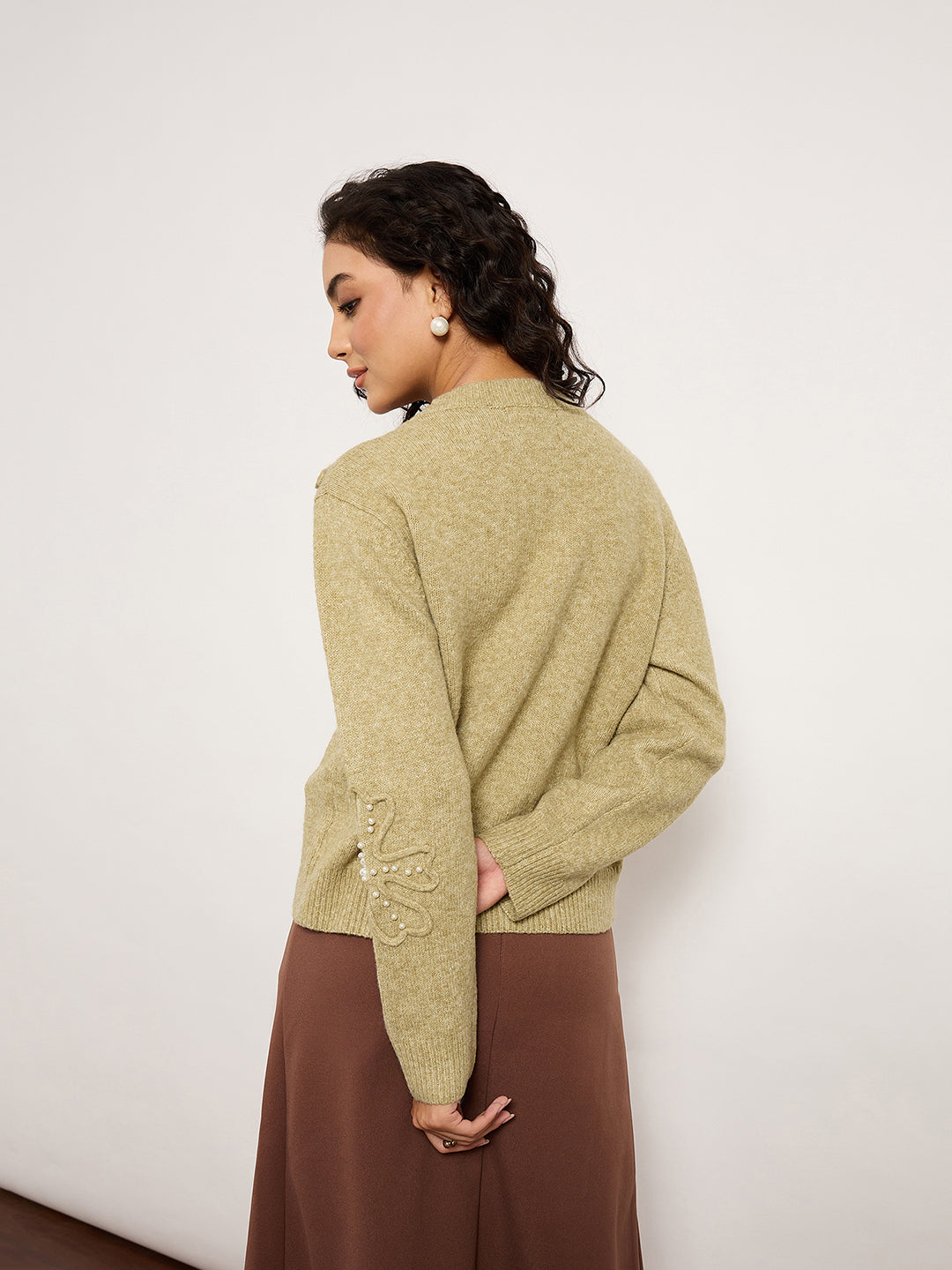Olive Sweater With 3D Embroidery & Pearl Embellished Collar