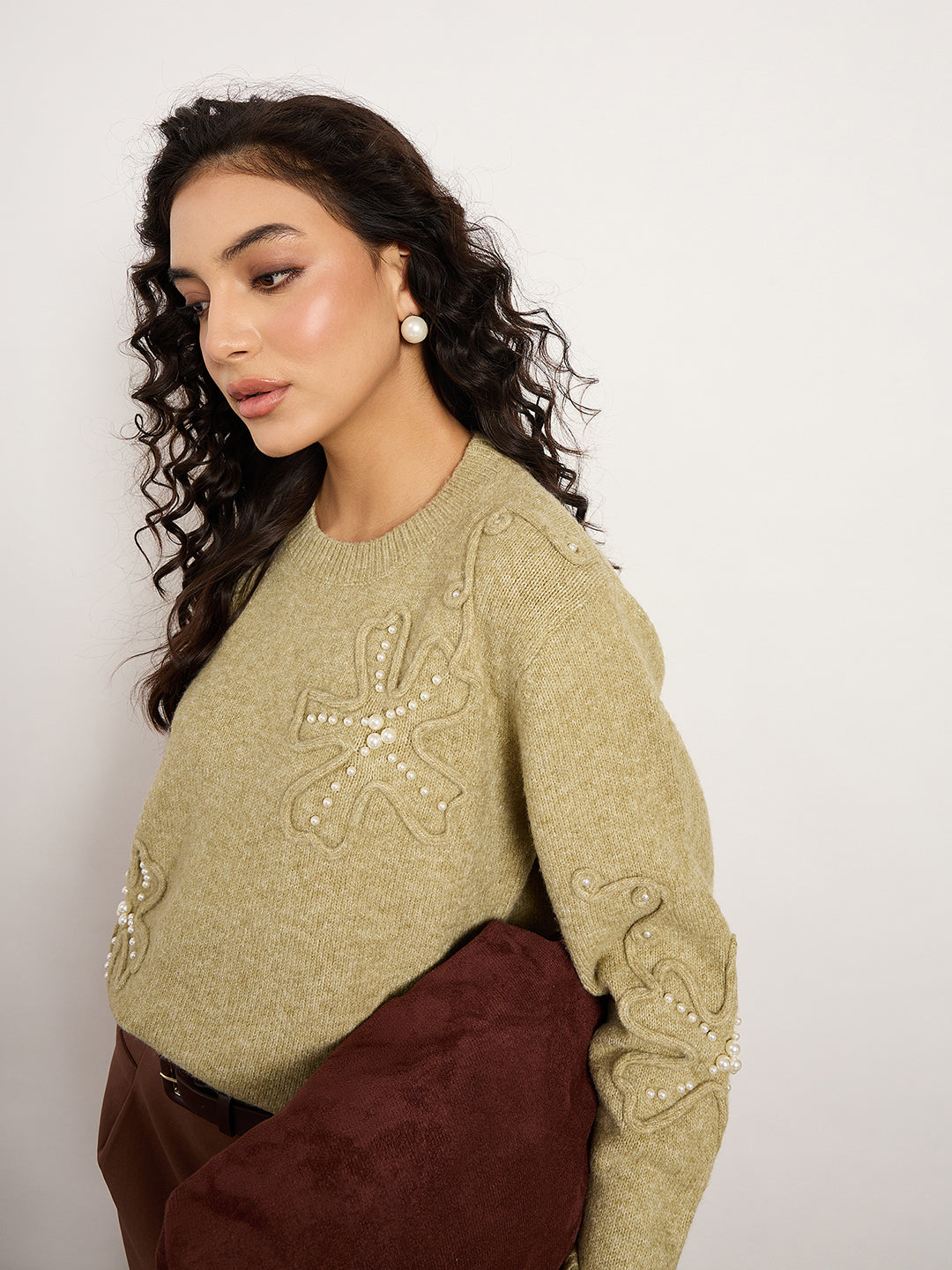 Olive Sweater With 3D Embroidery & Pearl Embellished Collar