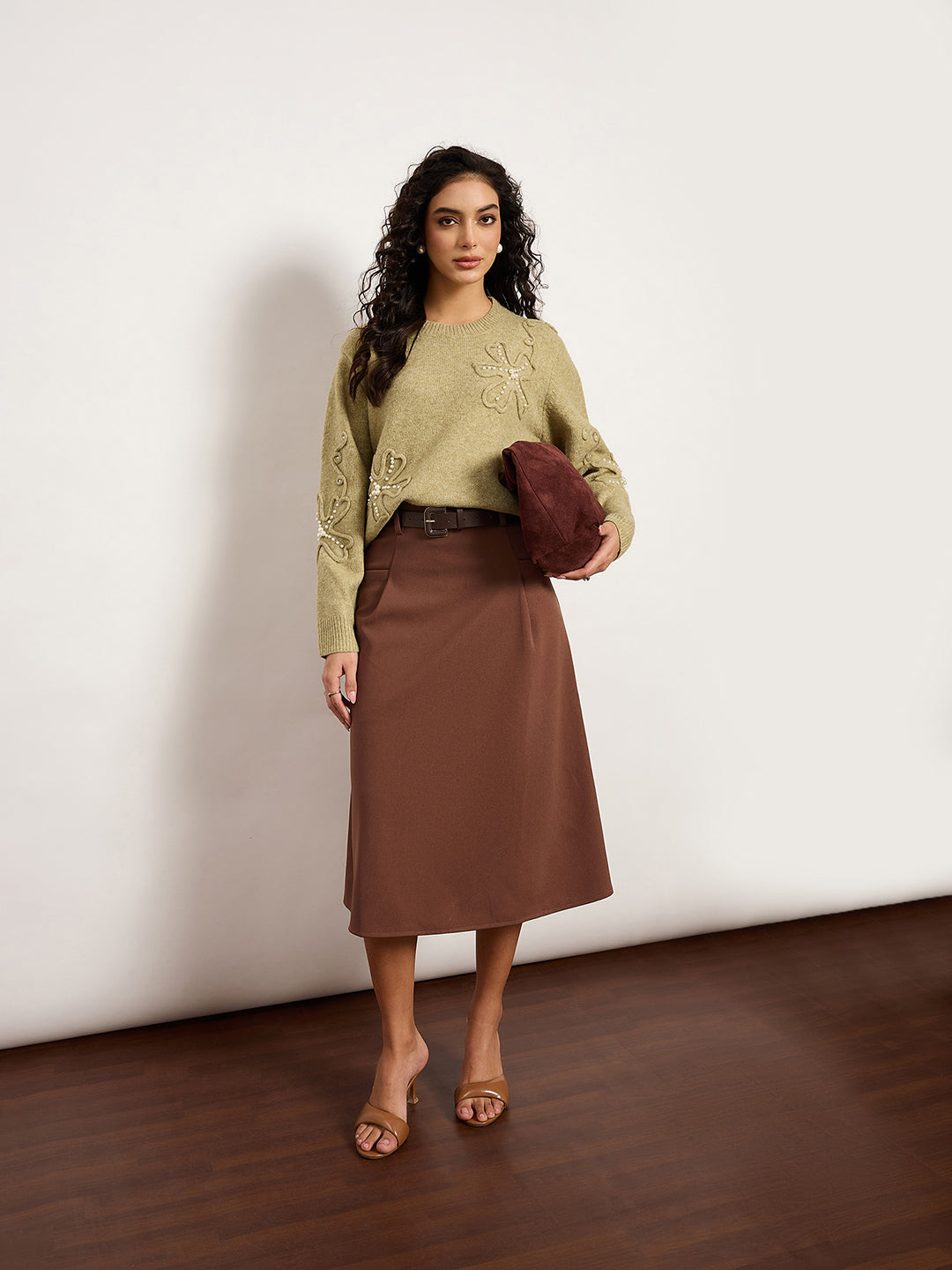 Olive Sweater With 3D Embroidery & Pearl Embellished Collar