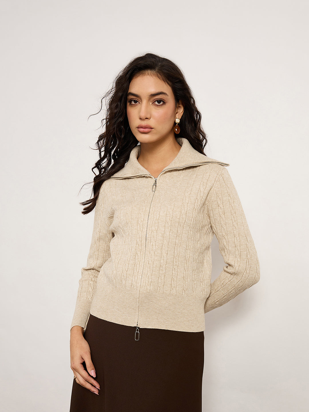 Khaki Jacquard Cardigan With Front Zip