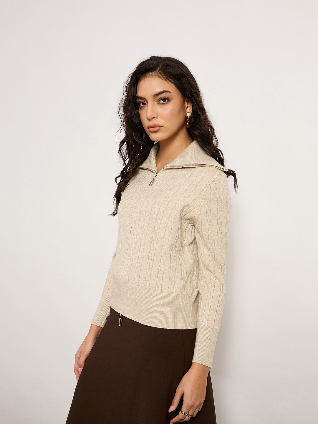 Khaki Jacquard Cardigan With Front Zip