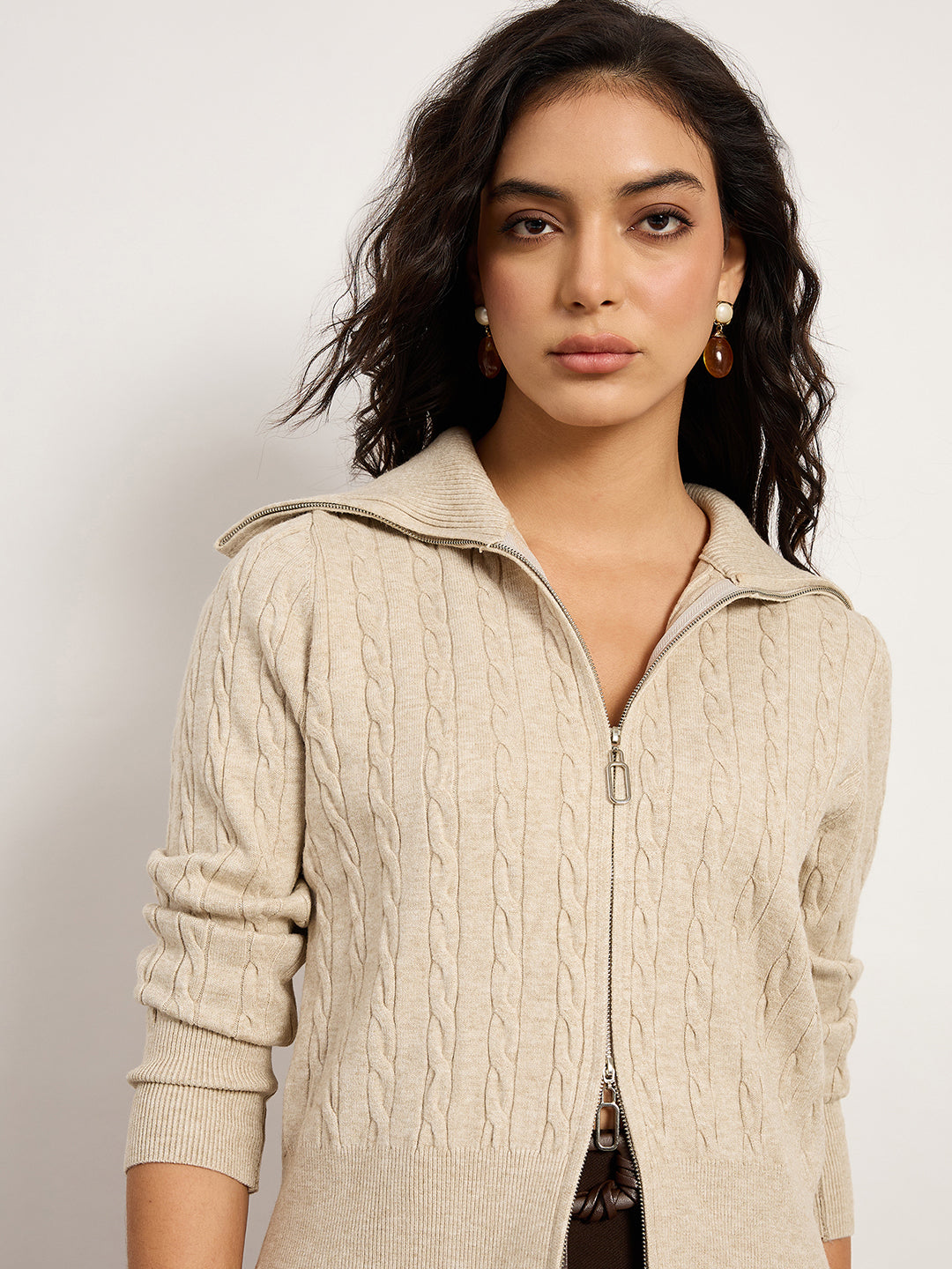 Khaki Jacquard Cardigan With Front Zip