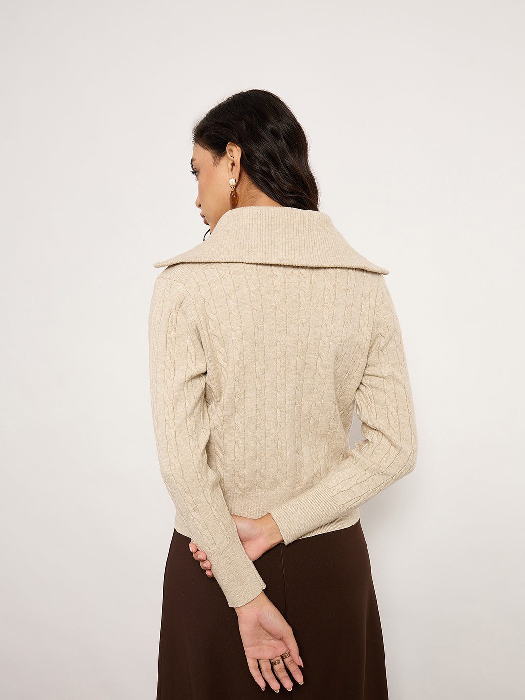 Khaki Jacquard Cardigan With Front Zip