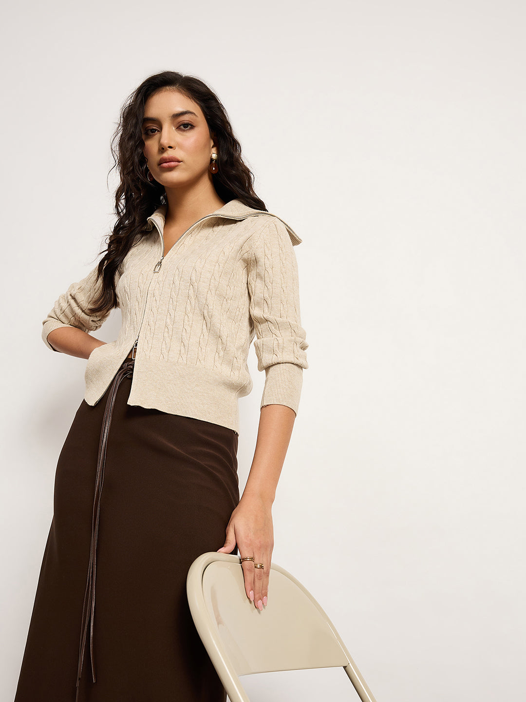 Khaki Jacquard Cardigan With Front Zip