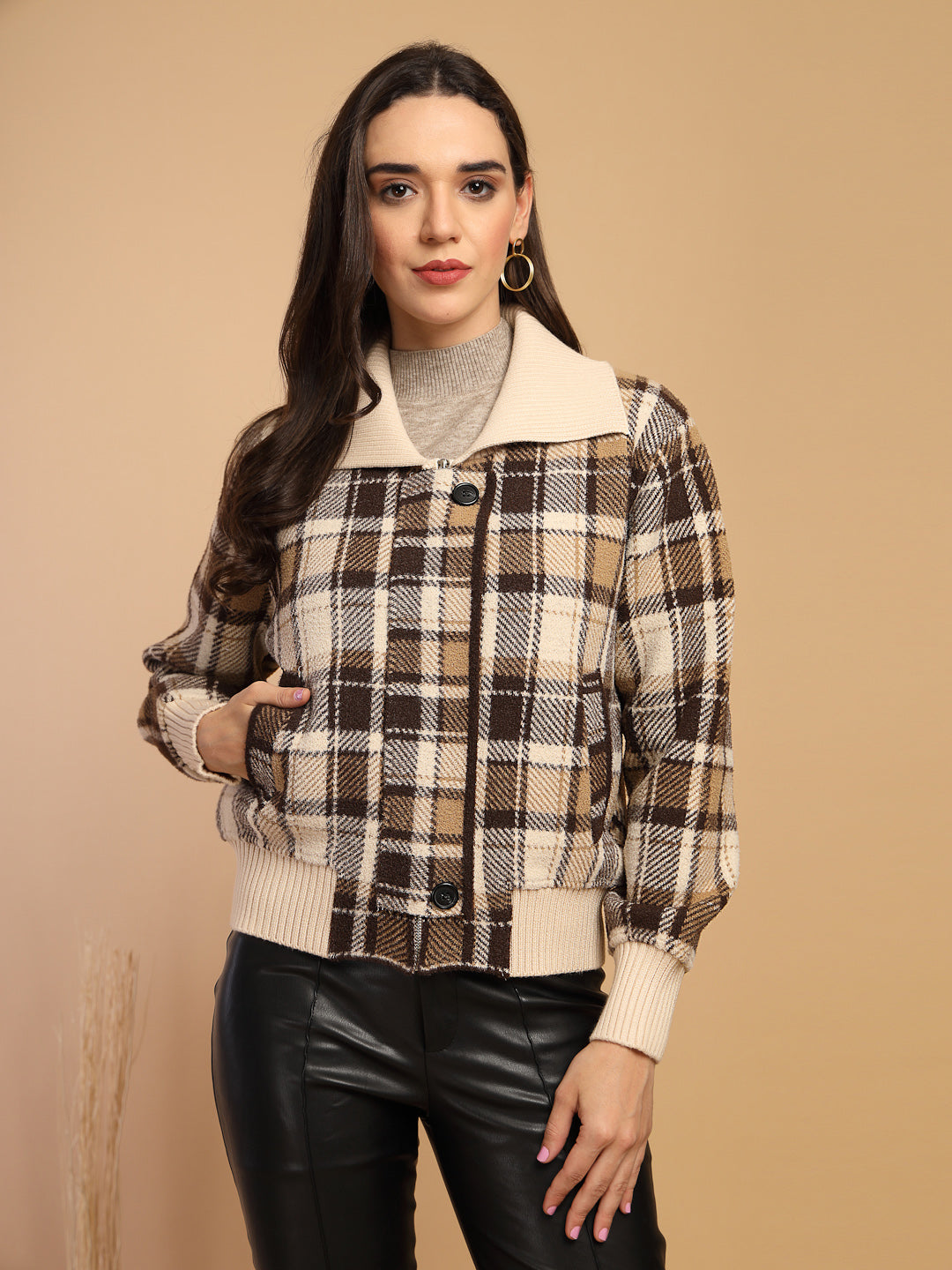 Coffee Solid Lapel Collar Sweater