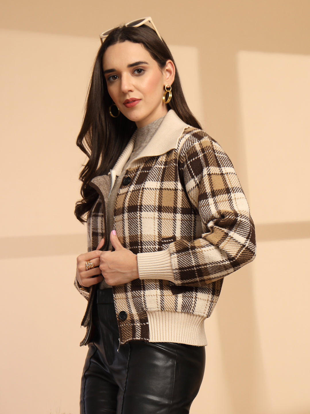 Coffee Solid Lapel Collar Sweater