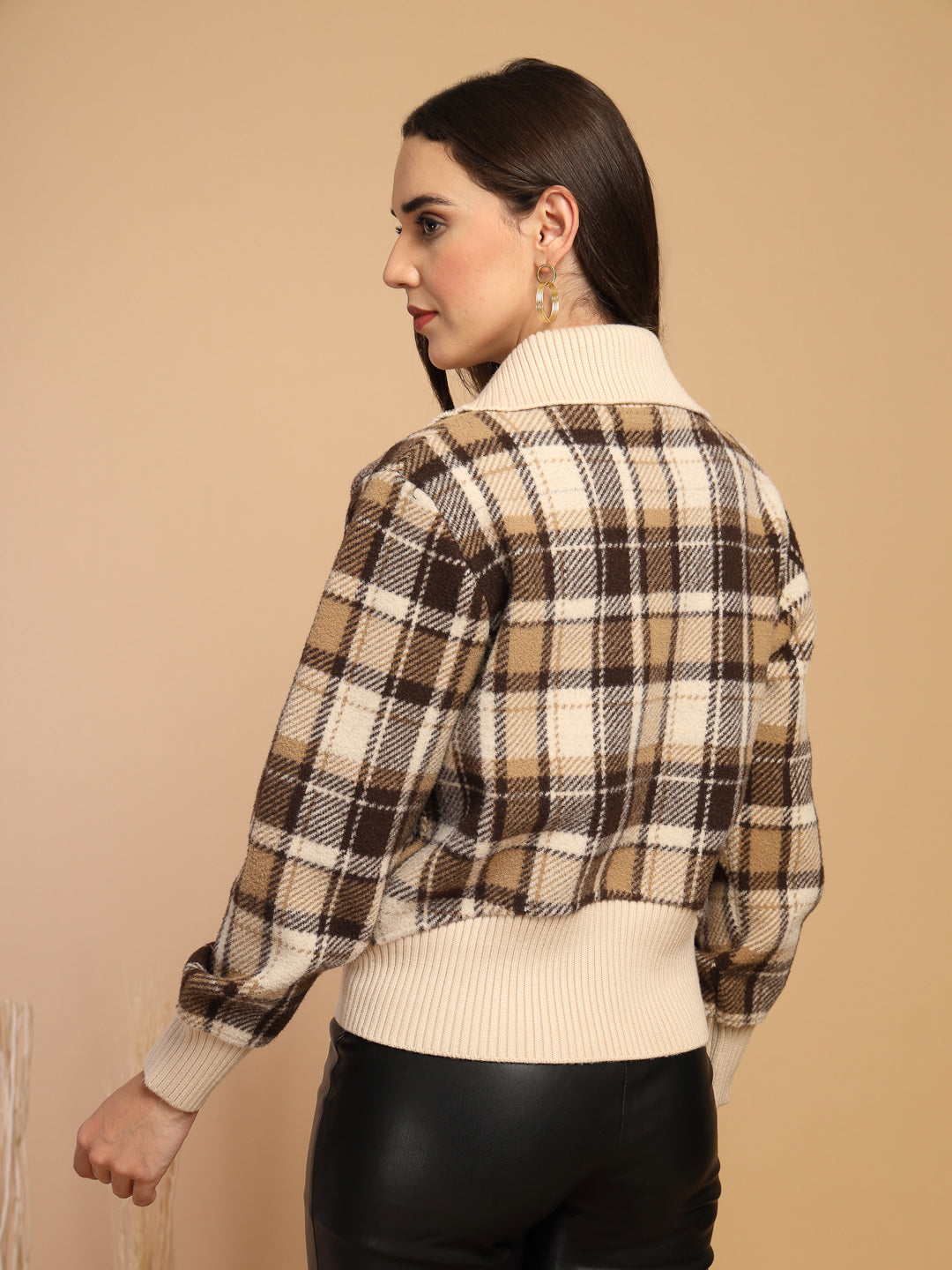 Coffee Solid Lapel Collar Sweater