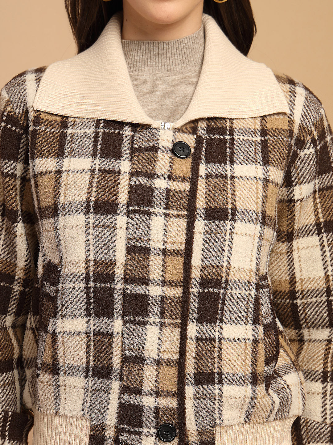 Coffee Solid Lapel Collar Sweater
