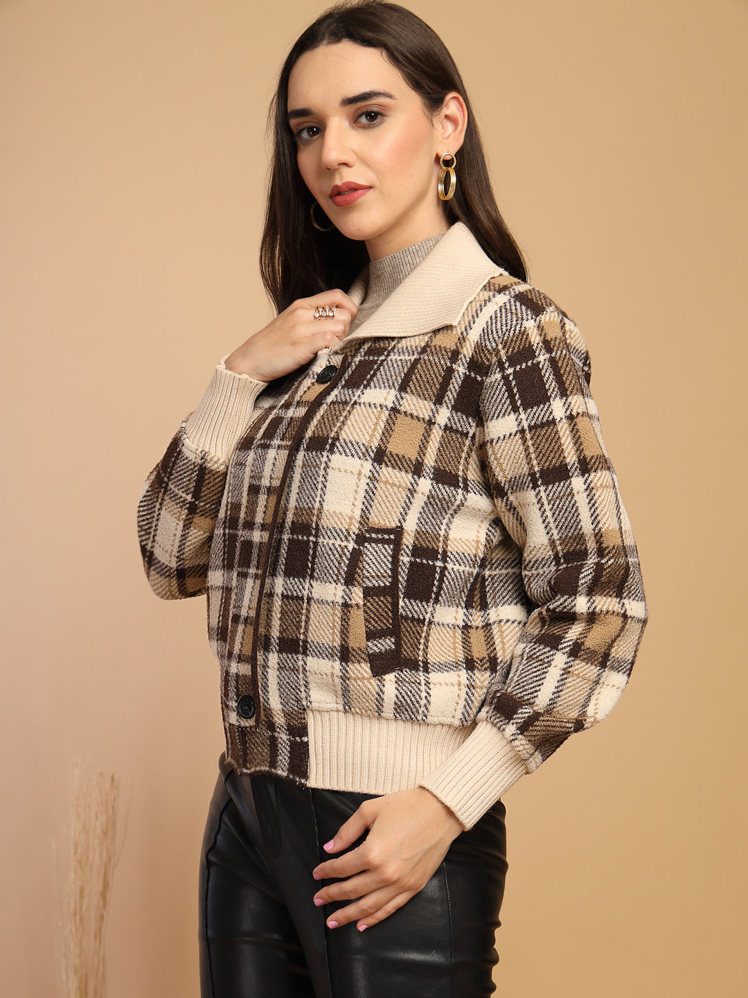 Coffee Solid Lapel Collar Sweater