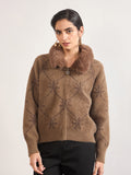 Coffee Cotton Checkered Fur Sweater