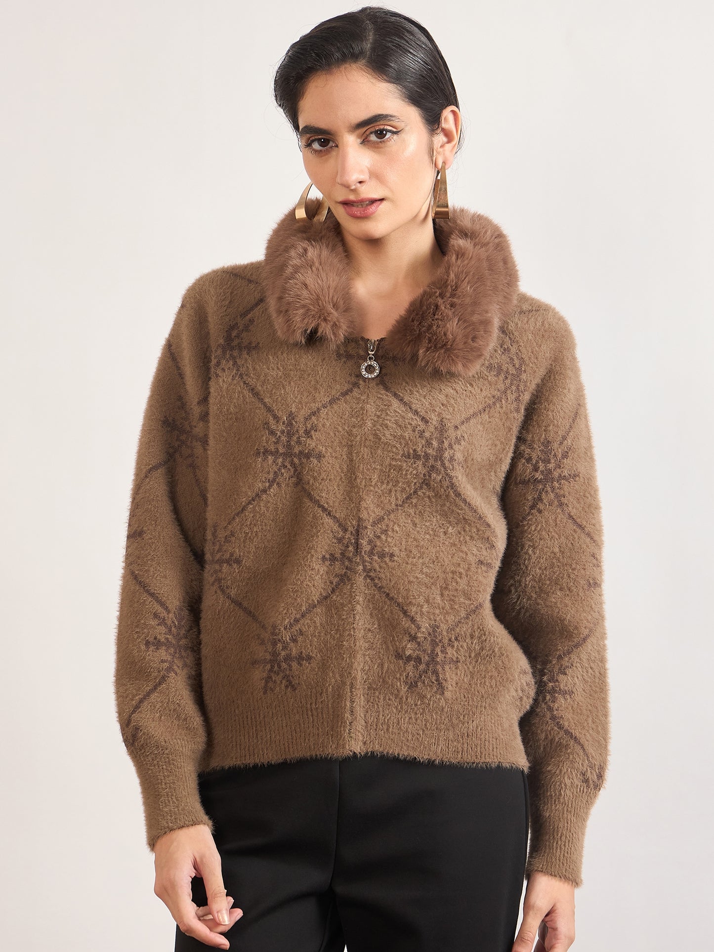 Coffee Cotton Checkered Fur Sweater
