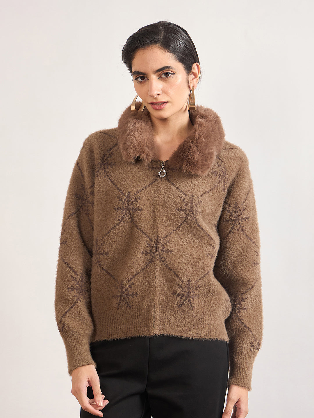 Coffee Cotton Checkered Fur Sweater