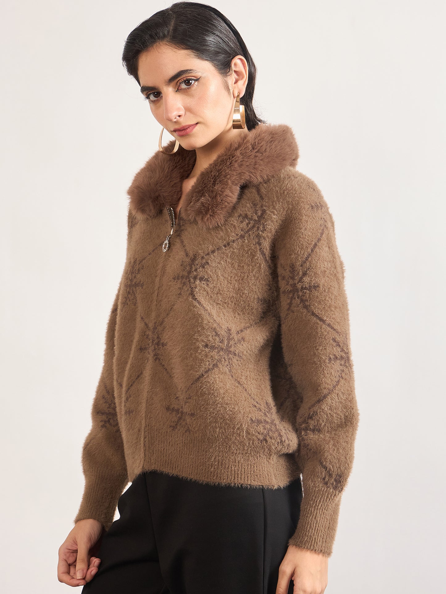 Coffee Cotton Checkered Fur Sweater