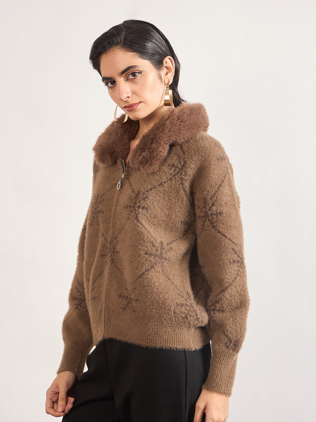 Coffee Cotton Checkered Fur Sweater