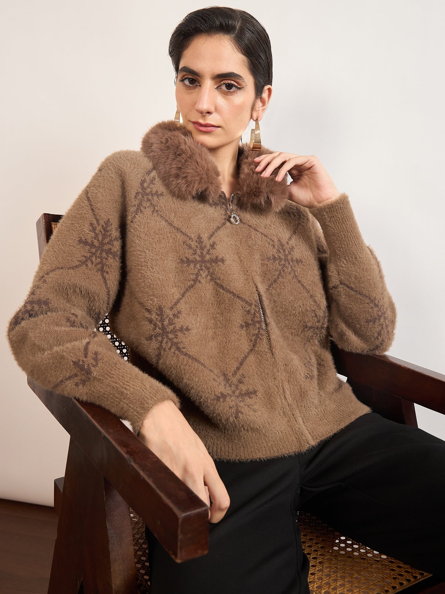 Coffee Cotton Checkered Fur Sweater