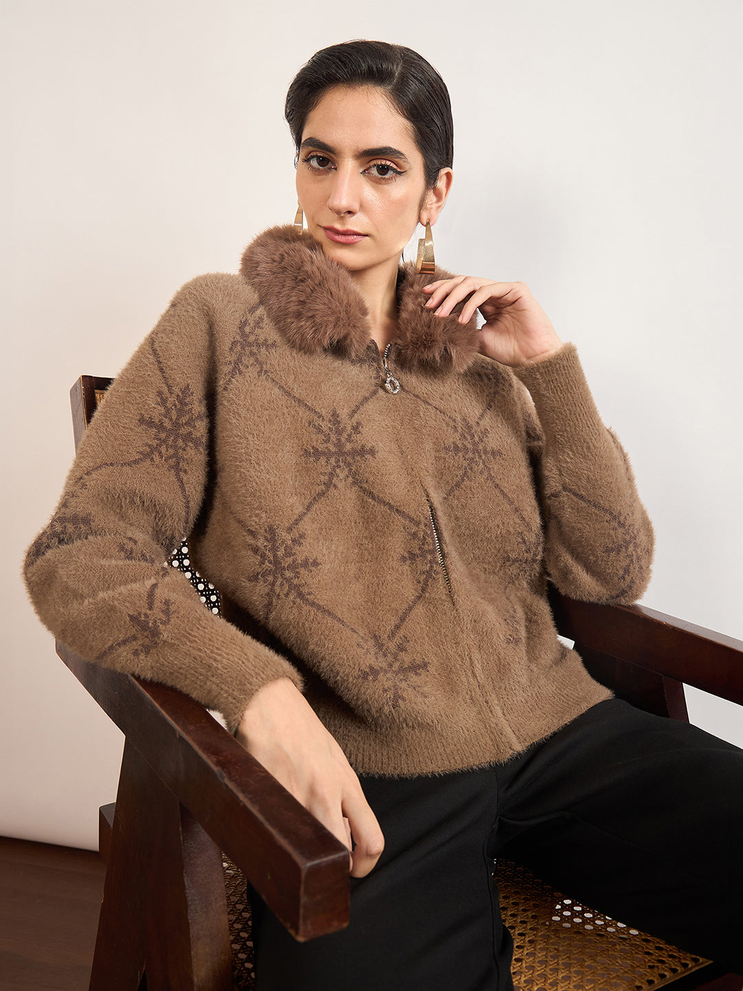 Coffee Cotton Checkered Fur Sweater