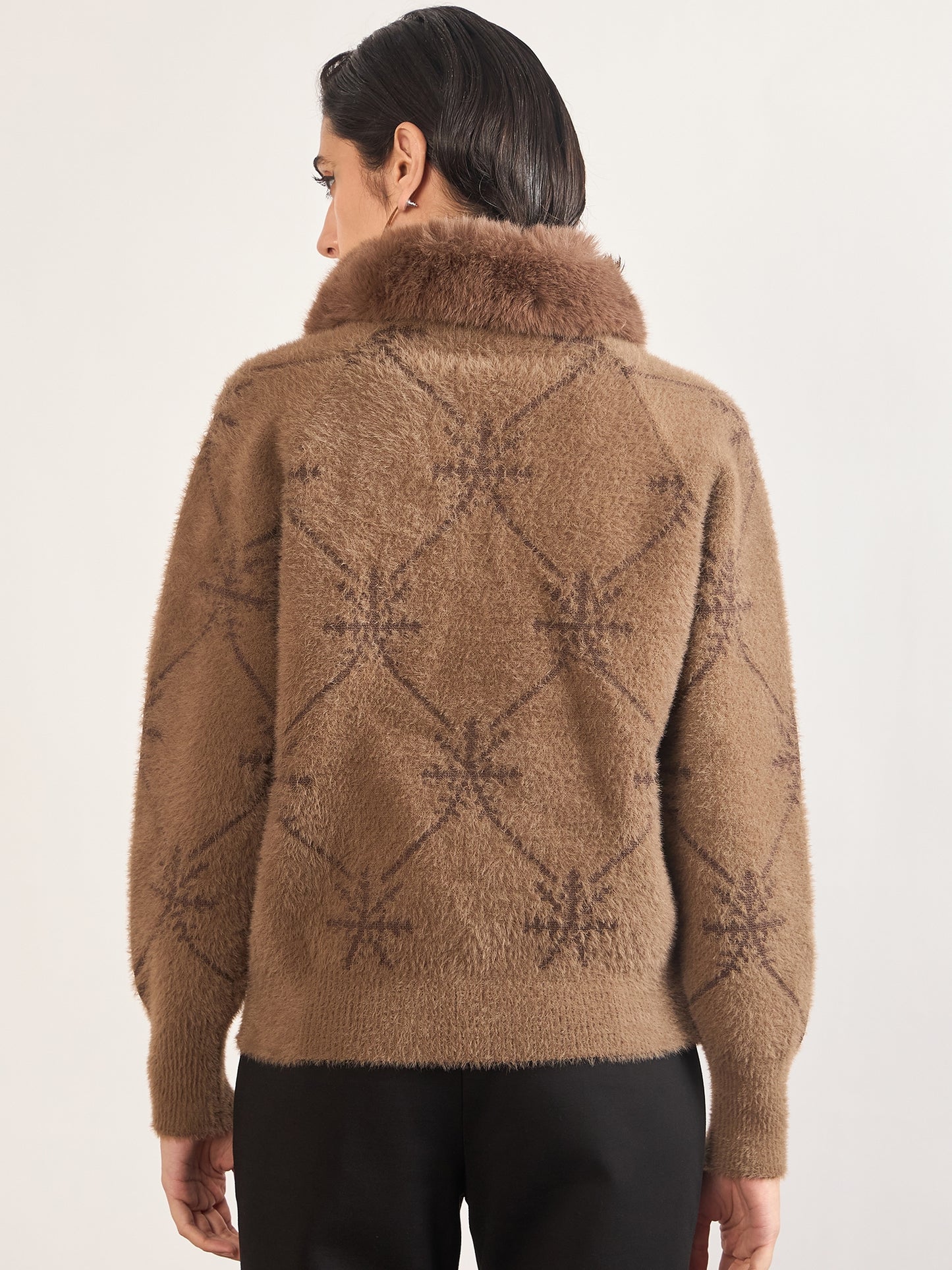 Coffee Cotton Checkered Fur Sweater