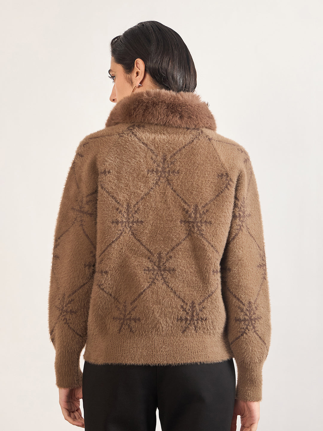 Coffee Cotton Checkered Fur Sweater