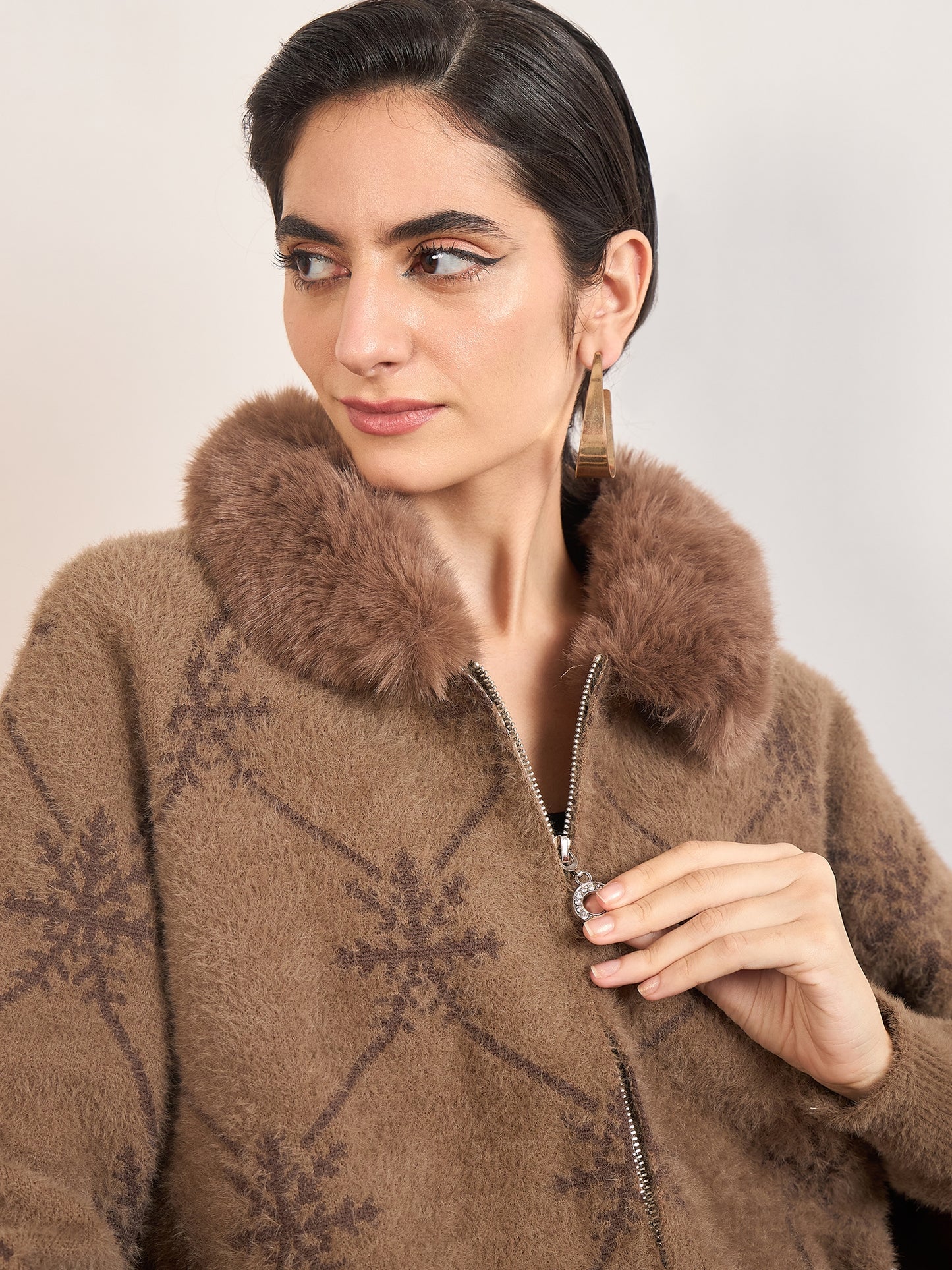 Coffee Cotton Checkered Fur Sweater