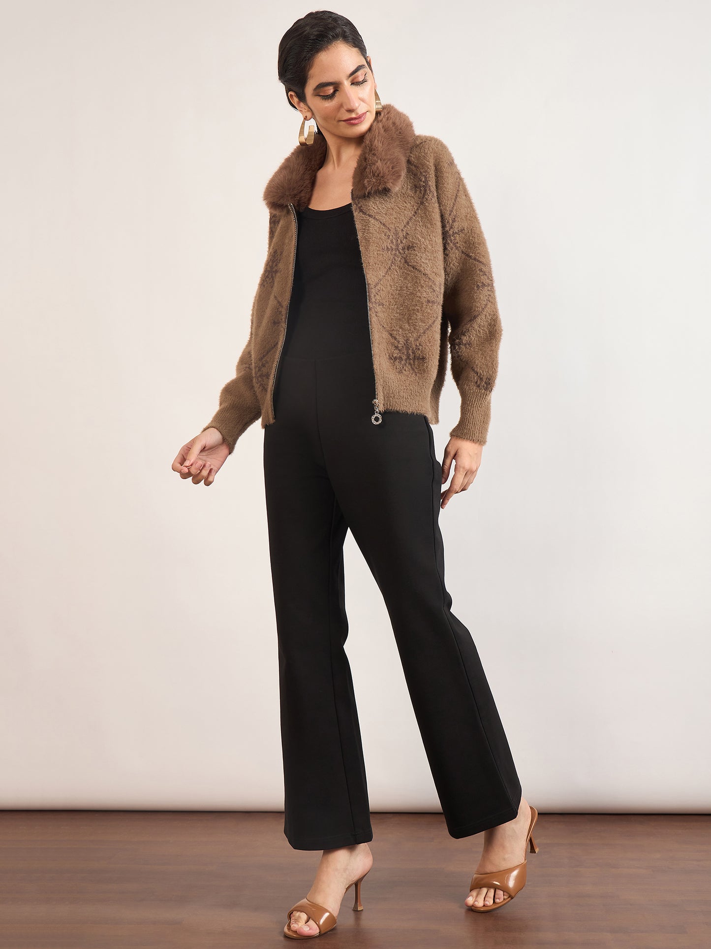 Coffee Cotton Checkered Fur Sweater