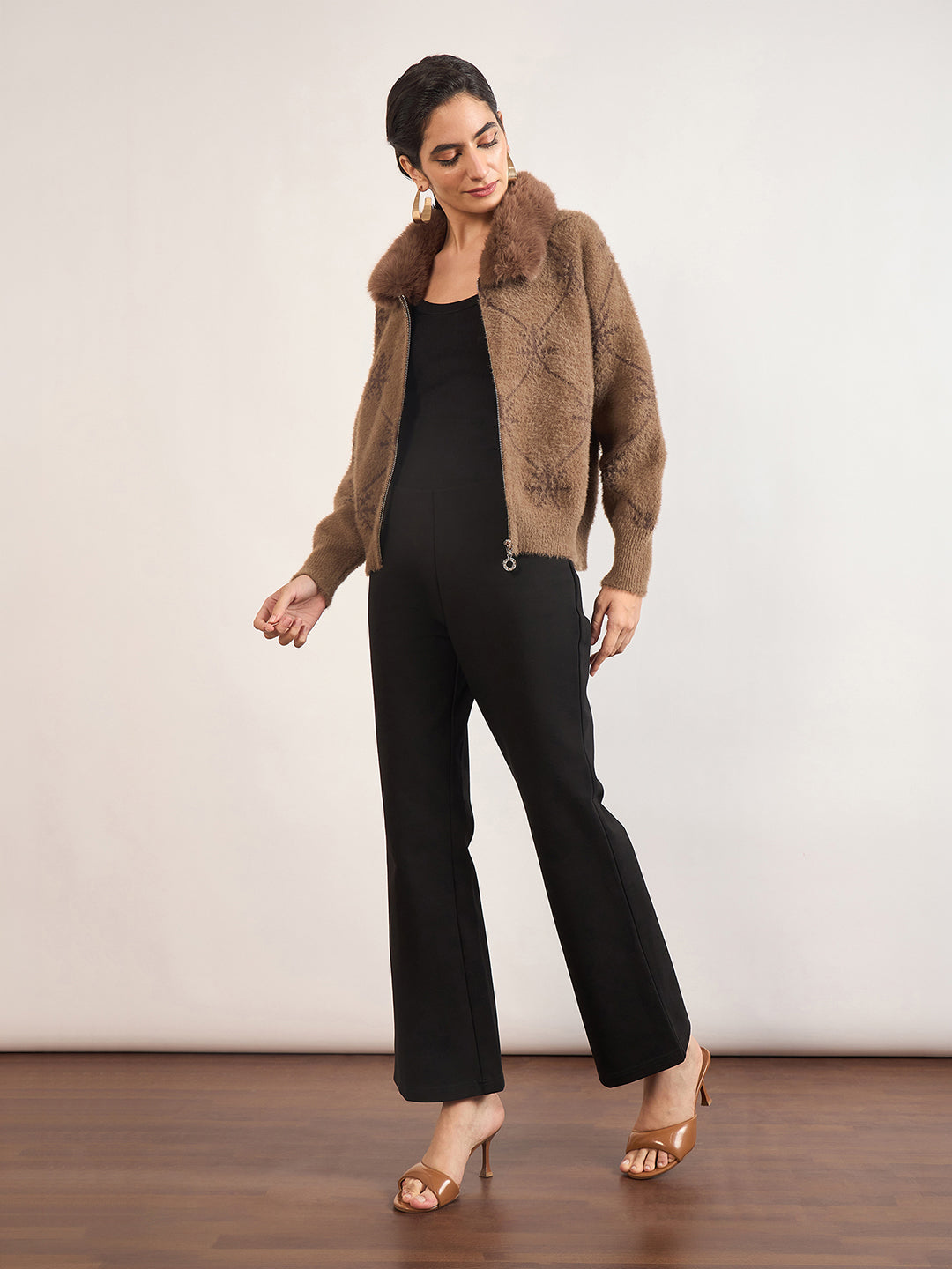 Coffee Cotton Checkered Fur Sweater