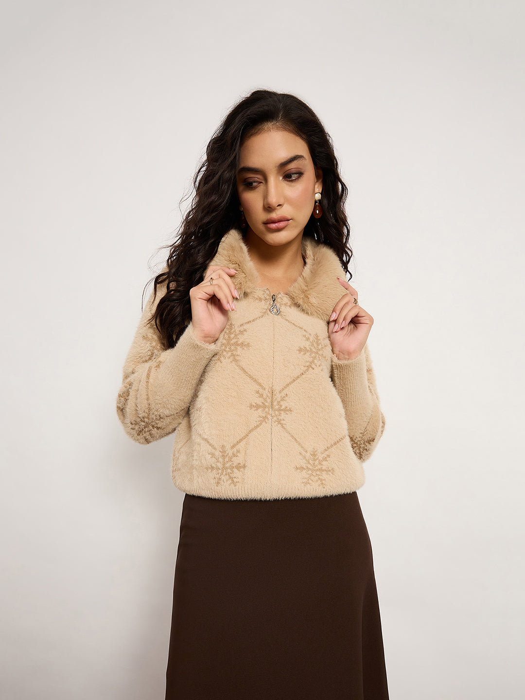 Khaki Cardigan With Fur Collar & Front Zip