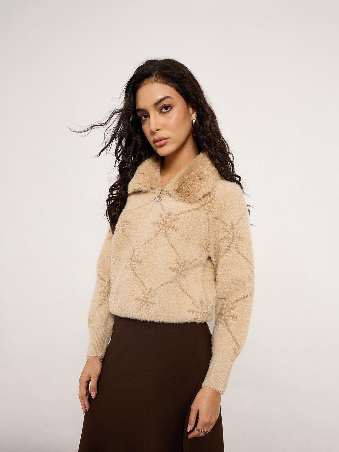 Khaki Cardigan With Fur Collar & Front Zip