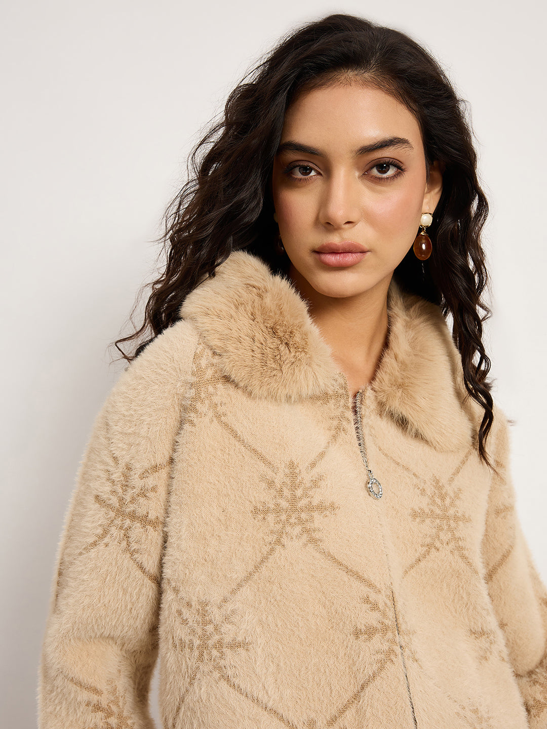 Khaki Cardigan With Fur Collar & Front Zip