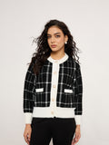 Colour-Contrast Check Cardigan With Golden Buttons