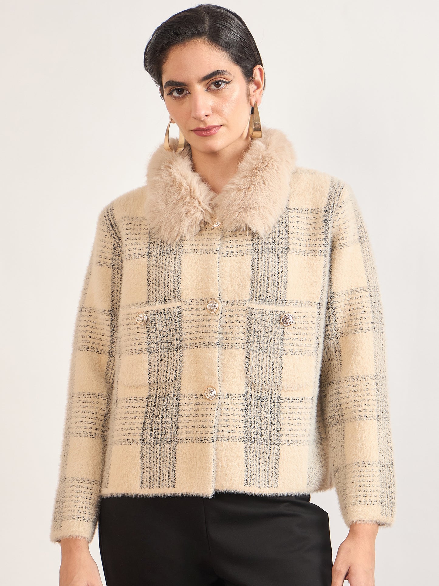 Beige Cotton Poly Checkered Fur Sweater