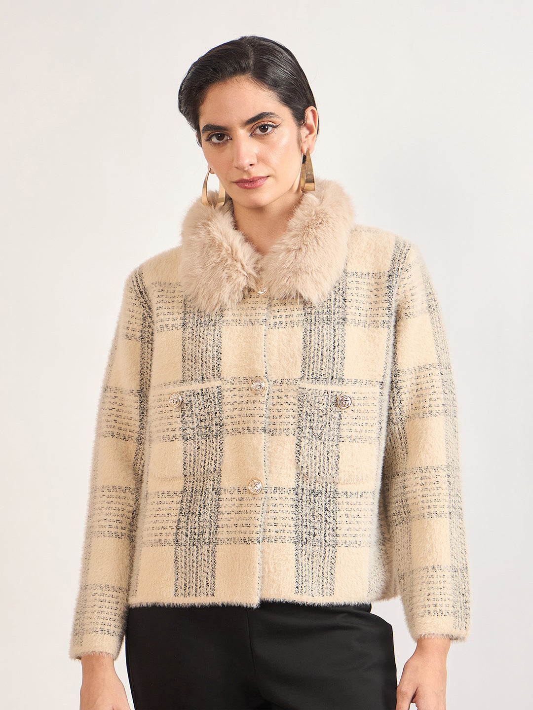 Beige Cotton Poly Checkered Fur Sweater