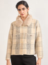 Beige Cotton Poly Checkered Fur Sweater
