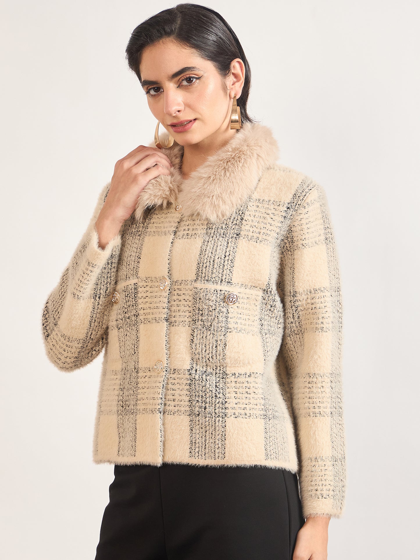 Beige Cotton Poly Checkered Fur Sweater