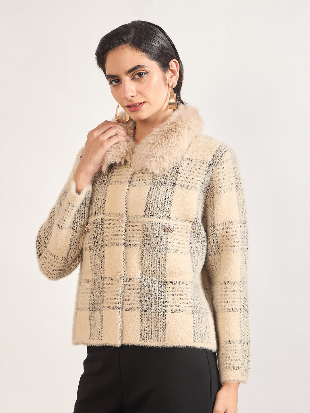 Beige Cotton Poly Checkered Fur Sweater