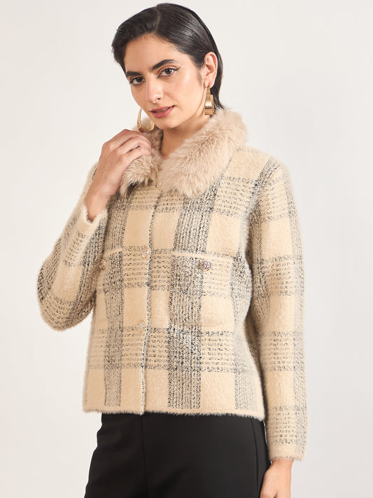 Beige Cotton Poly Checkered Fur Sweater