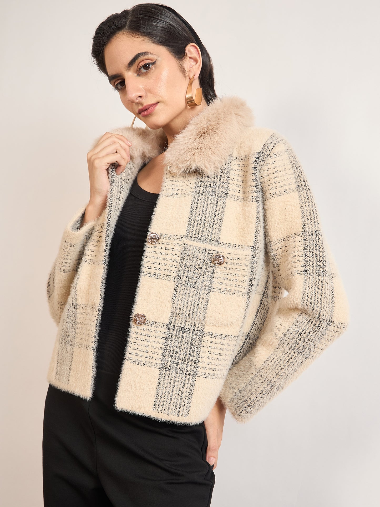 Beige Cotton Poly Checkered Fur Sweater